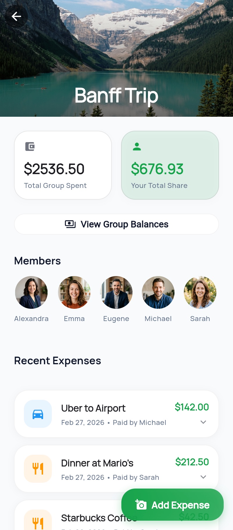 Group details with expense history and member balances