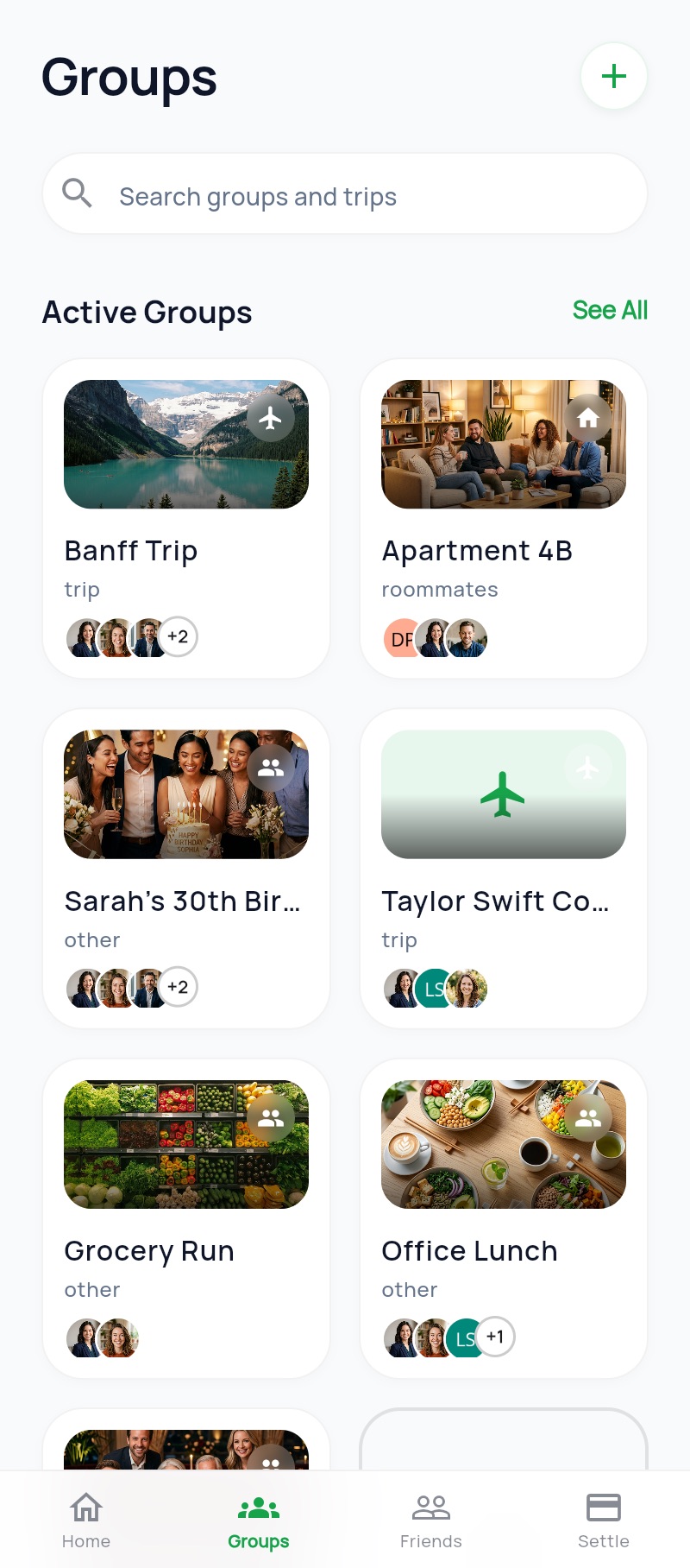 Groups list showing all trips and shared expenses