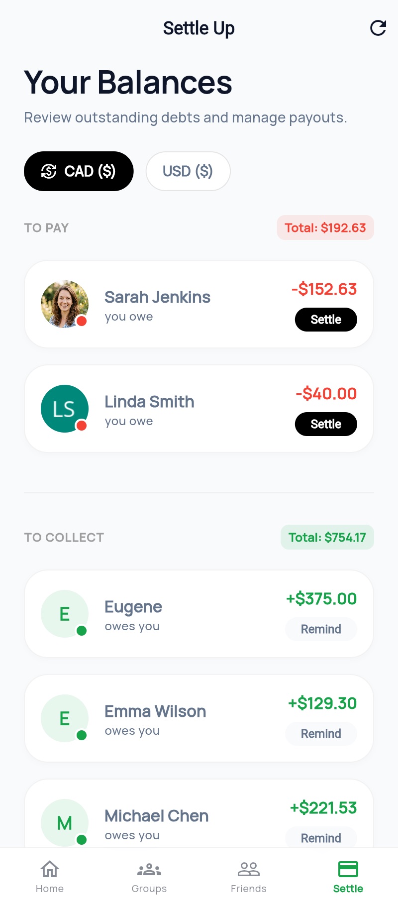 Settle up screen showing who owes what